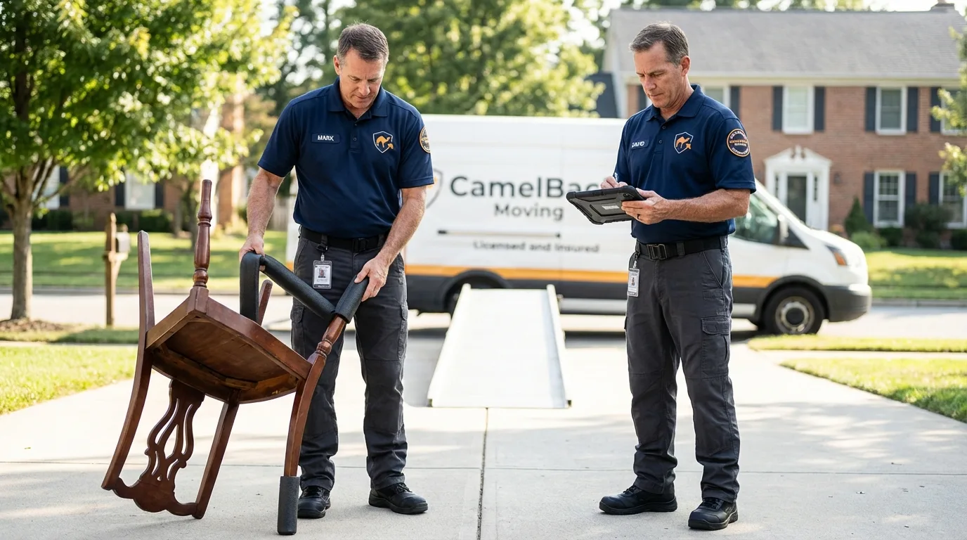 Movers inspecting furniture for damage prevention before loading in Naco, AZ