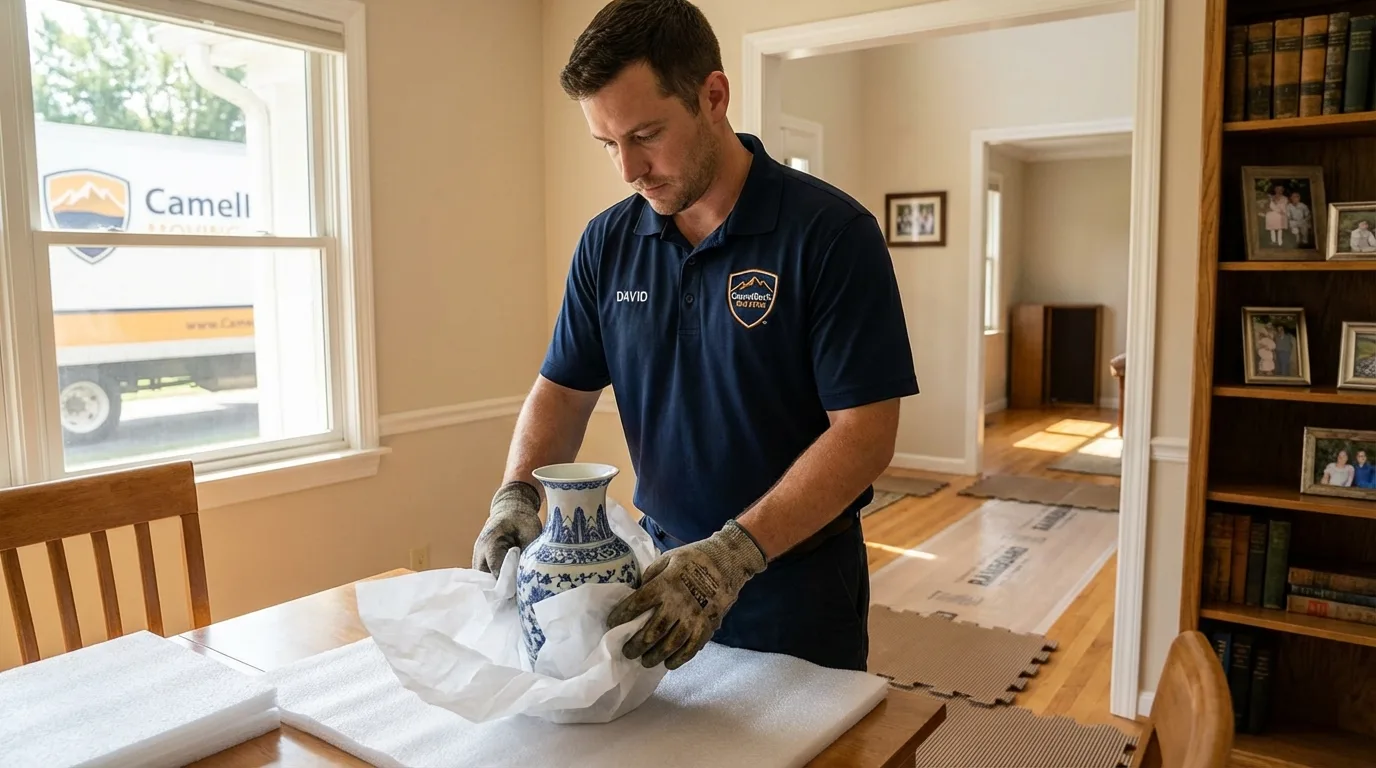 Professional crew carefully wrapping antique vase for senior downsizing move in Naco, AZ
